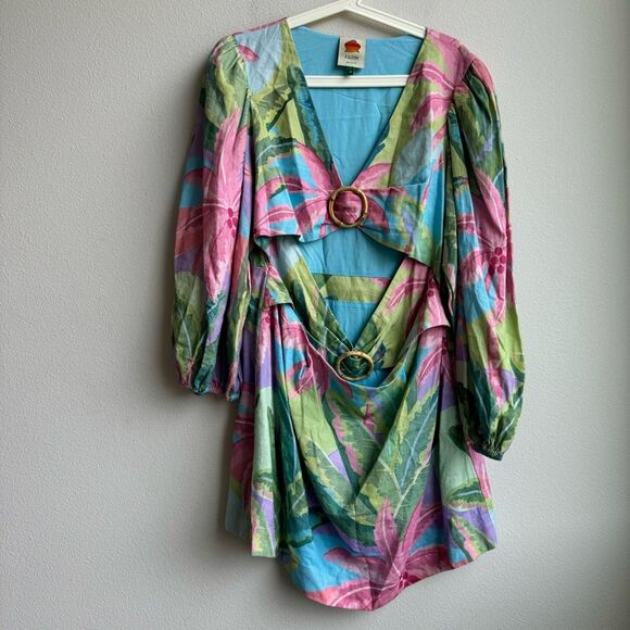 Farm Rio Dress Beach Vibe Mini Cut Out Size XL Balloon Sleeve Palm Tree Linen - Picture 2 of 7